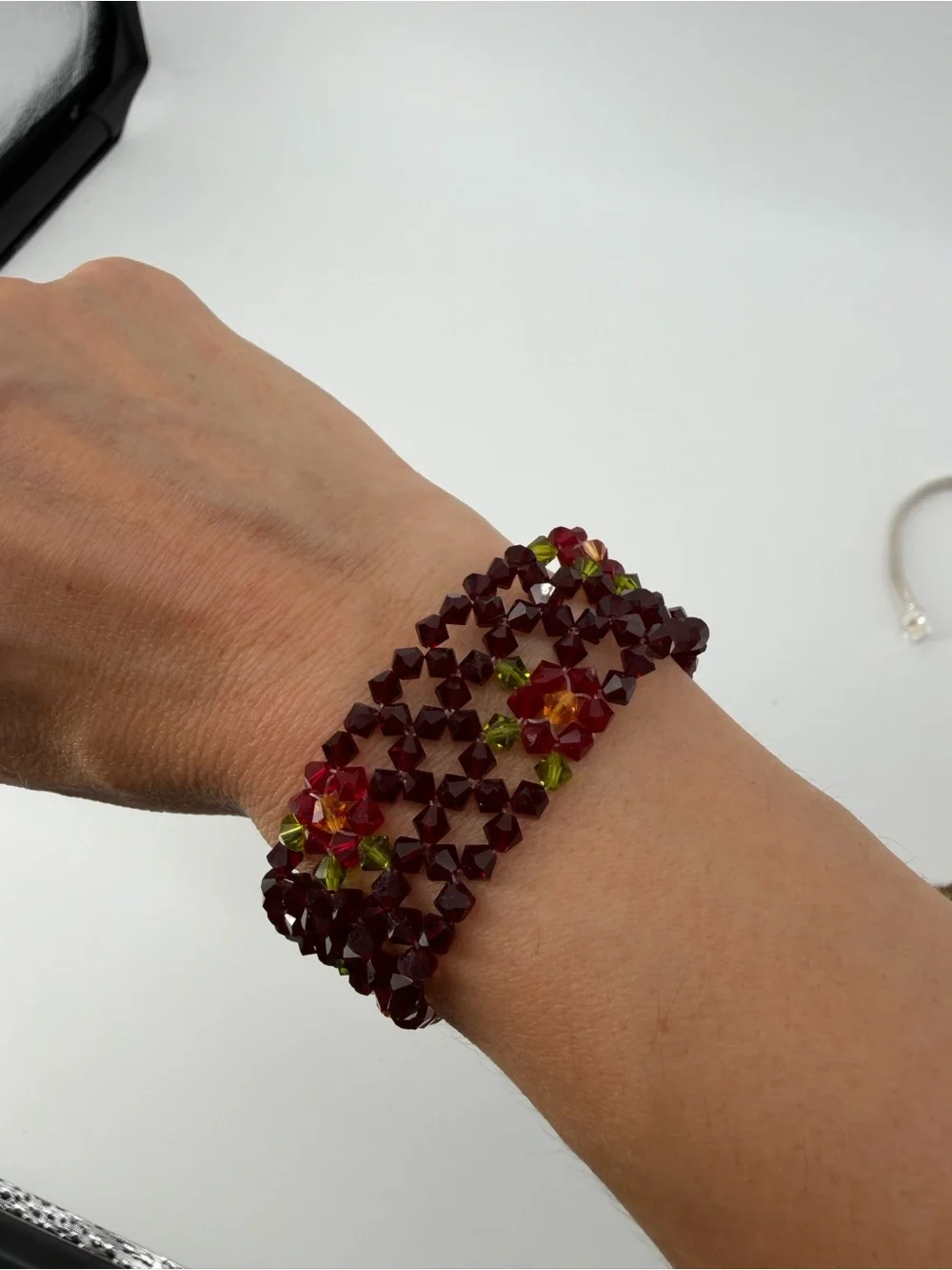 Vintage Handmade Crystal Bicone Bead Wide Cuff Bracelet Red Maroon Flower Clasp